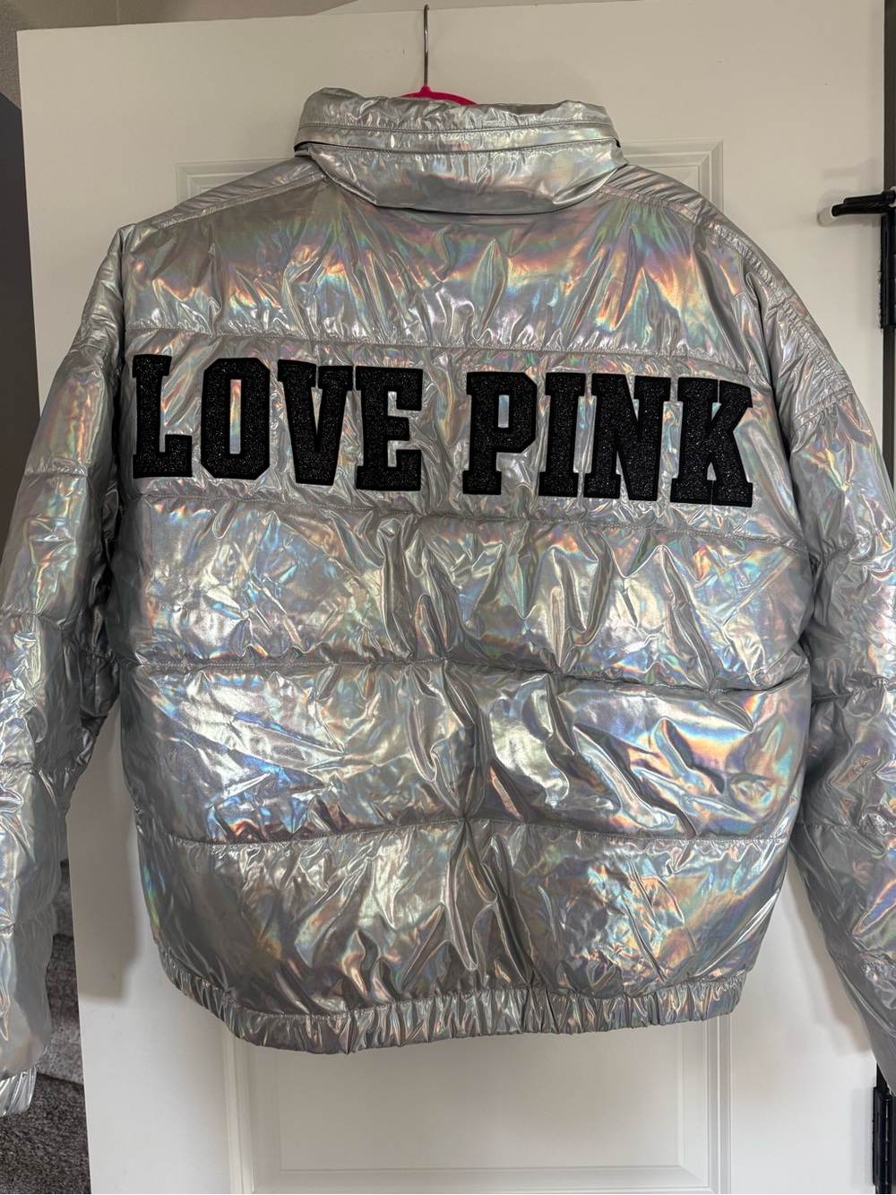 PINK Victoria's Secret Y2K Iridescent Silver Holographic Puffer Jacket